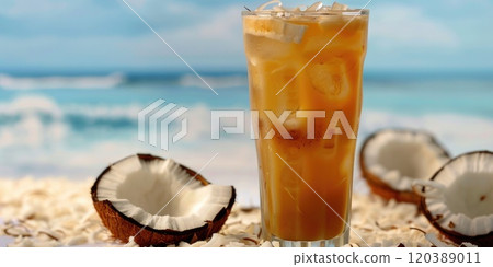 Coconut Chai Iced Tea, infused with creamy coconut milk and aromatic chai spices, served in a tall glass with coconut shavings on a tropical beach background 120389011