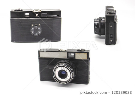 Set of different sides of old camera. Vintage old photo camera on the white background 120389028