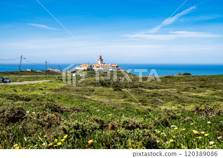 Lighthouse on Cabo da Roca - Roca Cape in Portugal, westernmost point of the Sintra Mountain Range and Europe Lighthouse on Cabo da Roca - Roca Cape in Portugal, westernmost point of the Sintra Mountain Range and Europe 120389086