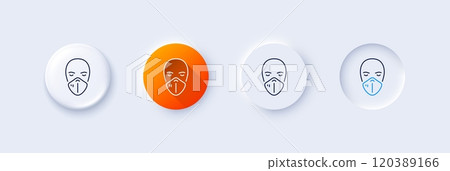 Medical mask line icon. Neumorphic, Orange gradient, 3d pin buttons. Safety breathing respiratory mask sign. Coronavirus face protection symbol. Line icons. Vector Medical mask line icon. Neumorphic, Orange gradient, 3d pin buttons. Safety breathing respiratory mask sign. Coronavirus face protection symbol. Line icons. Vector 120389166