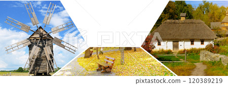 Photos of wooden windmill, old clay houses and in Pyrohiv (Pirogovo) village near Kiev, Ukraine. Collage. Free space for text. 120389219