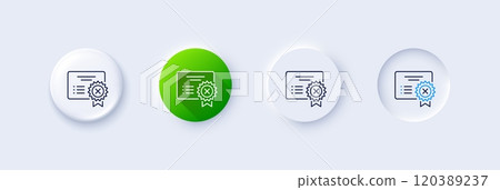 Reject certificate line icon. Neumorphic, Green gradient, 3d pin buttons. Decline document sign. Wrong file. Line icons. Neumorphic buttons with outline signs. Vector 120389237