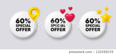 60 percent discount offer tag. White button with 3d icons. Sale price promo sign. Special offer symbol. Discount button message. Banner badge with map pin, stars, heart. Social media icons. Vector 120389259
