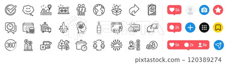 Baggage cart, Anxiety and Smile chat line icons pack. Social media icons. Plane, Clock, Roller coaster web icon. Confirmed, Donate, Loyalty program pictogram. Checkbox, Tree, Ab testing. Vector 120389274