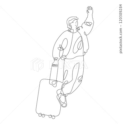 Young man flying with a suitcase isolated on white background 120389284