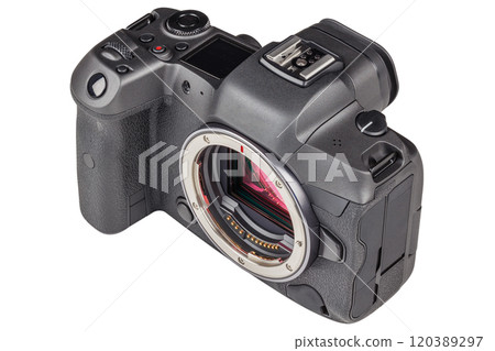 black professional mirrorless camera body isolated on white background 120389297