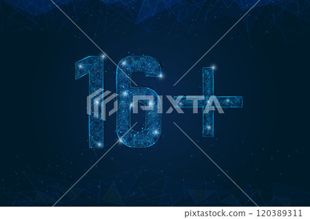 Abstract isolated blue image of 16 plus only censored. Polygonal low poly wireframe illustration looks like stars in the black night sky in space or flying glass shards. Abstract isolated blue image of 16 plus only censored. Polygonal low poly wireframe illustration looks like stars in the black night sky in space or flying glass shards. 120389311
