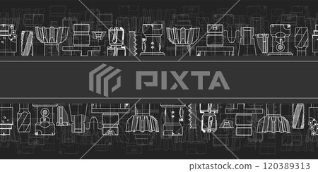 Mechanical engineering drawings on black background. Tap tools, borer. Technical Design. Cover. Blueprint. Seamless pattern. Vector illustration. 120389313