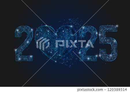 Abstract isolated blue image of new year number 2025. Polygonal low poly wireframe illustration looks like stars in the black night sky in space or flying glass shards. Digital web, internet design. Abstract isolated blue image of new year number 2025. Polygonal low poly wireframe illustration looks like stars in the black night sky in space or flying glass shards. Digital web, internet design. 120389314