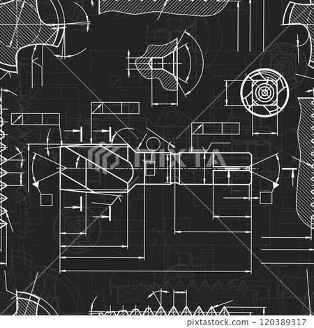 Mechanical engineering drawings on black background. Tap tools, borer. Technical Design. Cover. Blueprint. Seamless pattern. Vector illustration. 120389317