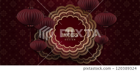 Gorgeous textured burgundy card with round frame and golden border 120389324