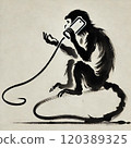 Ink painting of a monkey talking on a cell phone 120389325