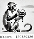 A sumi-e painting of a monkey staring at a hamburger 120389326