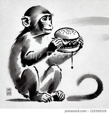 A sumi-e painting of a monkey staring at a hamburger 120389326