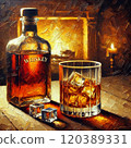 Atmospheric oil painting of a fireplace and whiskey 120389331