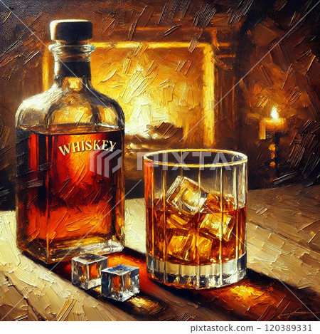 Atmospheric oil painting of a fireplace and whiskey 120389331