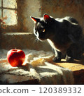 Atmospheric oil painting of a black cat and apples 120389332