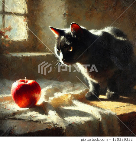 Atmospheric oil painting of a black cat and apples 120389332