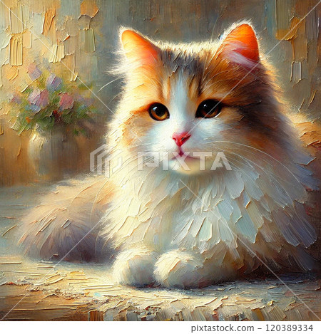 Atmospheric brown and white cat oil painting 120389334