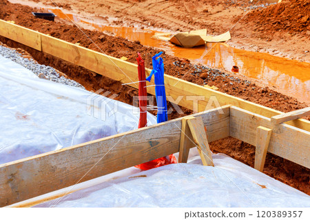Construction site place wooden frames into freshly dug ground, while plastic boundaries area is preparation foundation Construction site place wooden frames into freshly dug ground, while plastic boundaries area is preparation foundation 120389357