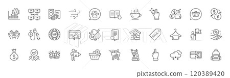 Search file, Windy weather and Microscope line icons. Pack of Payment methods, Hold box, Money bag icon. Selenium mineral, Puzzle, Video conference pictogram. Arena stadium, Pets care. Vector 120389420