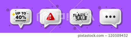 Offer speech bubble 3d icons. Up to 40 percent discount. Sale offer price sign. Special offer symbol. Save 40 percentages. Discount tag chat offer. Flash sale, danger alert. Text box balloon. Vector Offer speech bubble 3d icons. Up to 40 percent discount. Sale offer price sign. Special offer symbol. Save 40 percentages. Discount tag chat offer. Flash sale, danger alert. Text box balloon. Vector 120389432