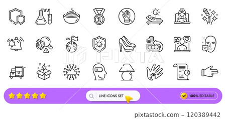 Creative idea, Social responsibility and Fireworks rocket line icons for web app. Pack of Bell, Telemedicine, Pasta pictogram icons. Corrupt, Click hand, Chemistry lab signs. Search bar. Vector Creative idea, Social responsibility and Fireworks rocket line icons for web app. Pack of Bell, Telemedicine, Pasta pictogram icons. Corrupt, Click hand, Chemistry lab signs. Search bar. Vector 120389442