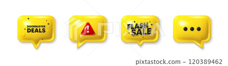 Offer speech bubble 3d icons. Doorbuster deals tag. Special offer price sign. Advertising discounts symbol. Doorbuster deals chat offer. Flash sale, danger alert. Text box balloon. Vector 120389462