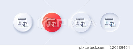 Delivery calendar line icon. Neumorphic, Red gradient, 3d pin buttons. Parcel logistic date sign. Express service symbol. Line icons. Neumorphic buttons with outline signs. Vector Delivery calendar line icon. Neumorphic, Red gradient, 3d pin buttons. Parcel logistic date sign. Express service symbol. Line icons. Neumorphic buttons with outline signs. Vector 120389464