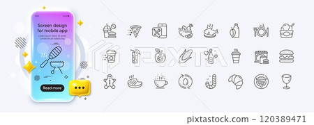 Food, Corn and Candy line icons for web app. Phone mockup gradient screen. Pack of Croissant, Coffee delivery, Takeaway pictogram icons. Fish dish, Fish grill, Refill water signs. Vector Food, Corn and Candy line icons for web app. Phone mockup gradient screen. Pack of Croissant, Coffee delivery, Takeaway pictogram icons. Fish dish, Fish grill, Refill water signs. Vector 120389471