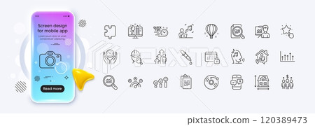 Check article, Air balloon and Voicemail line icons for web app. Phone mockup gradient screen. Pack of Clipboard, Calendar, Presentation pictogram icons. Vector 120389473