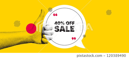Hand showing thumb up like sign. Sale 40 percent off discount. Promotion price offer sign. Retail badge symbol. Sale chat bubble message. Grain dots hand. Like thumb up sign. Vector Hand showing thumb up like sign. Sale 40 percent off discount. Promotion price offer sign. Retail badge symbol. Sale chat bubble message. Grain dots hand. Like thumb up sign. Vector 120389490