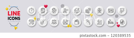 Checklist, Fluorine mineral and Quiz line icons. White buttons 3d icons. Pack of Web report, Medical staff, Teamwork icon. Bitcoin project, Debit card, Sleep pictogram. Vector 120389535
