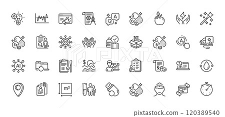 Magic wand, Ambulance transport and Iron line icons pack. AI, Question and Answer, Map pin icons. Safe energy, Cobalt mineral, Interview documents web icon. Vector 120389540