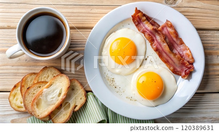 Enjoy a nutritious breakfast with coffee, sunny-side up eggs, crispy bacon, and toast on a rustic wooden table 120389631
