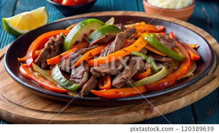 Sizzling beef fajitas served on a wooden platter with colorful bell peppers and lime at a rustic dining table 120389639