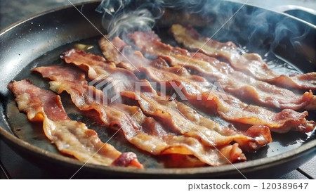 Cooking crispy bacon in a frying pan with smoke rising on a stove in a cozy kitchen Cooking crispy bacon in a frying pan with smoke rising on a stove in a cozy kitchen 120389647