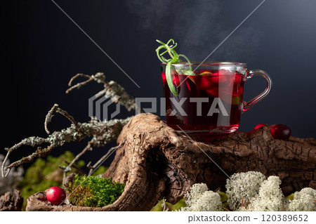 Hot drink with cranberries, lime, and rosemary. Hot drink with cranberries, lime, and rosemary. 120389652