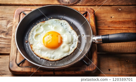 A perfectly fried egg sizzling in a frying pan on an old gas stove, capturing a moment of simple cooking 120389701