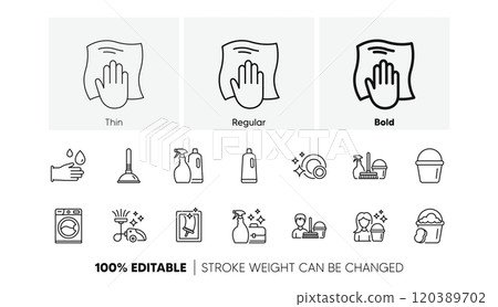 Laundry, Window sponge and Vacuum cleaner. Cleaning line icons. Washing machine linear icon set. Line icons set. Vector 120389702
