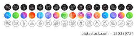 Knife, Ice cream and Leaf line icons. Round icon gradient buttons. Pack of Wine bottle, Soy nut, Eco food icon. Food time, Water splash, Apple carrot pictogram. Cupcake, Juice, Cooking mix. Vector 120389724