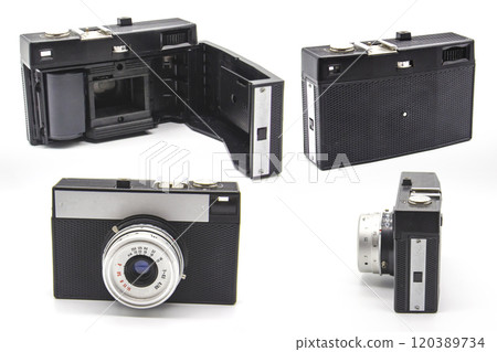 Set of different sides of old camera. Vintage old photo camera on the white background 120389734