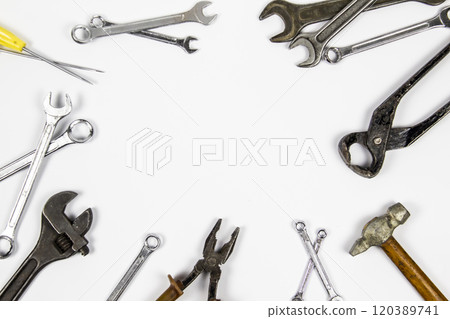 Hand tools construction on the white background. Home repair hand tools 120389741