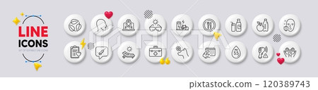 Food, Lounger and Face protection line icons. White buttons 3d icons. Pack of Milk, Fitness calendar, First aid icon. Ph neutral, Leaves, Patient history pictogram. Vector Food, Lounger and Face protection line icons. White buttons 3d icons. Pack of Milk, Fitness calendar, First aid icon. Ph neutral, Leaves, Patient history pictogram. Vector 120389743