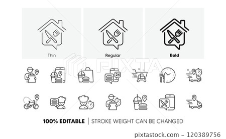 Courier, Deliveryman, Grocery retail. Food delivery line icons. Delivery truck, meal bag, home food order icons. Cart deliver, contactless service, courier location. Fast food package. Vector Courier, Deliveryman, Grocery retail. Food delivery line icons. Delivery truck, meal bag, home food order icons. Cart deliver, contactless service, courier location. Fast food package. Vector 120389756