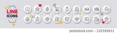 Holiday presents, Discount and Bell line icons. White buttons 3d icons. Pack of Grill, Search puzzle, Smile chat icon. Heart flame, Uv protection, Gas grill pictogram. Vector Holiday presents, Discount and Bell line icons. White buttons 3d icons. Pack of Grill, Search puzzle, Smile chat icon. Heart flame, Uv protection, Gas grill pictogram. Vector 120389831