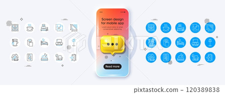 Phone mockup with 3d chat icon. Floor lamp, Armchair and Cappuccino line icons. Pack of Door, Tea, Paper wallpaper icon. Furniture moving, Sleep, Entrance pictogram. Vector 120389838
