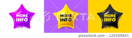 More info tag. Birthday star balloons 3d icons. Navigation sign. Read description symbol. More info text message. Party balloon banners with text. Birthday or sale ballon. Vector 120389841