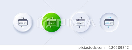 Credit card line icon. Neumorphic, Green gradient, 3d pin buttons. Bank payment method sign. Online Shopping symbol. Line icons. Neumorphic buttons with outline signs. Vector 120389842