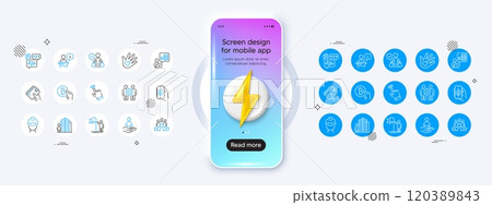 Cursor, Leadership and Podium line icons. Phone mockup with 3d energy icon. Pack of Bitcoin pay, Budget accounting, Foreman icon. Wallet, Agent, Employees teamwork pictogram. Vector 120389843
